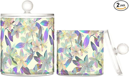 Hologram Flower Purple Clear Plastic Makeup Organizer Storage with lid Bathroom Essentials Decorative Dental floss storage jar for Cotton Swabs,Cotton Pads,Floss Picks,Paper Clips,Hair Clips 2