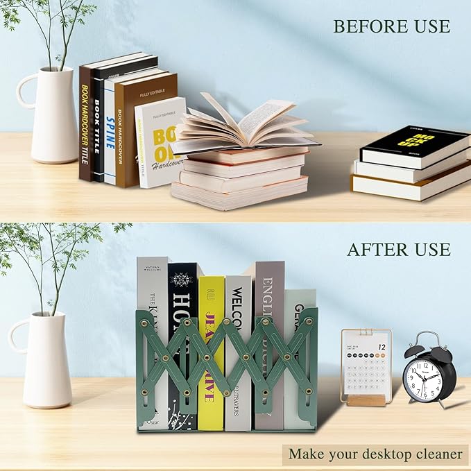 Adjustable Bookends Non Skid Decorative Bookends,Metal Bookend for Heavy Books,Bookshelf Organizer Holder for Books and Magazines for Desk(Green)