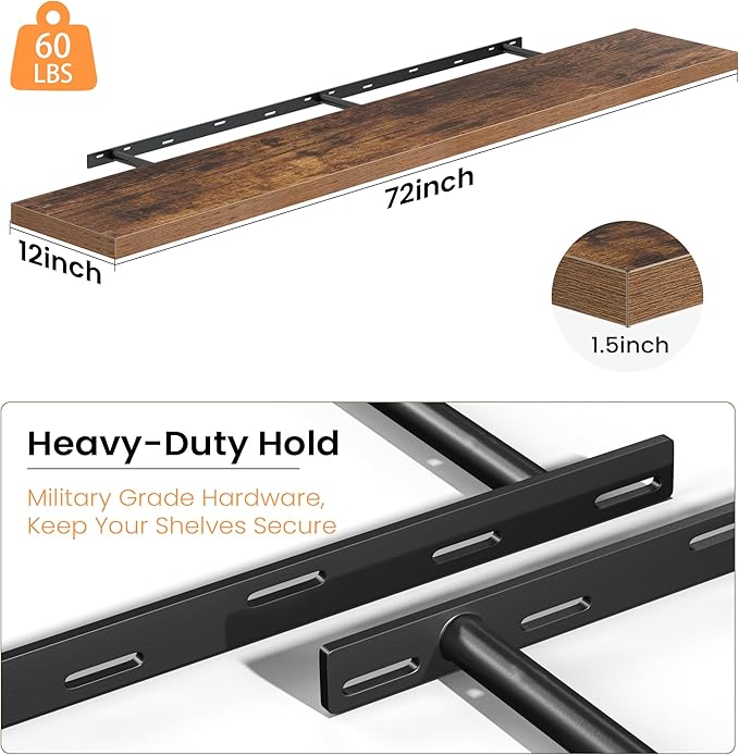 Fun Memories 72 Inch Floating Shelves, 12 Inch Deep Wall Shelf for Fireplace Mantel, Rustic Brown Deep Storage Shelves for Home & Office, Long Floating Shelf with Invisible Bracket, Set of 2