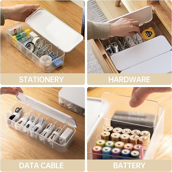 PAVSTINE 2 Pcs Cable Organizer Storage Box with 14 Wire Ties,Desktop Cable Management Box with Lid,Power Cord Organizer for Office,Home,Desk Accessories Storage Stationery Supplies White