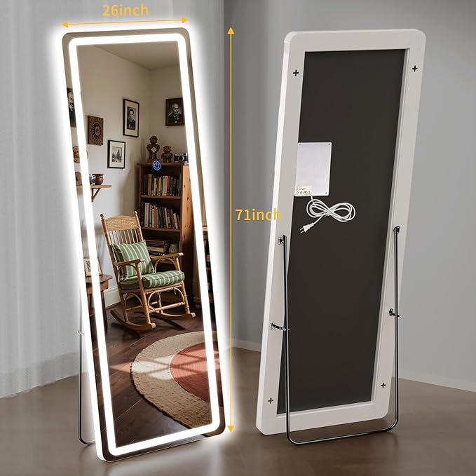 Standing Mirror Full Length with LED Lights, 71"x26" Lighted Mirror with Dimming & 3 Color Lighting, Tall Mirror Full Body for Bedroom, Dressing Room