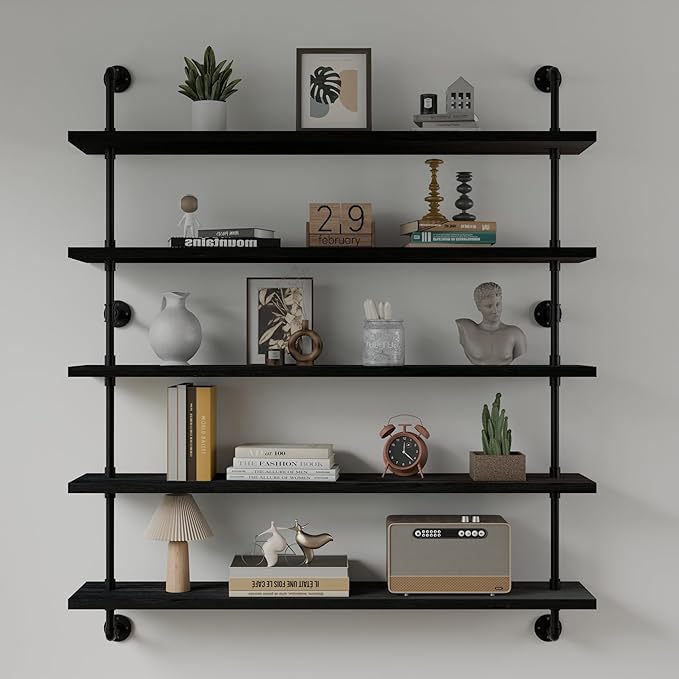HDDFER Floating Shelves for Wall Bookshelf Industrial Pipe Shelving Shelves 48 Inch 5 Tier Natural Wood Planks Rustic Wall Shelves Hanging Bookshelves Farmhouse Kitchen Shelving Black