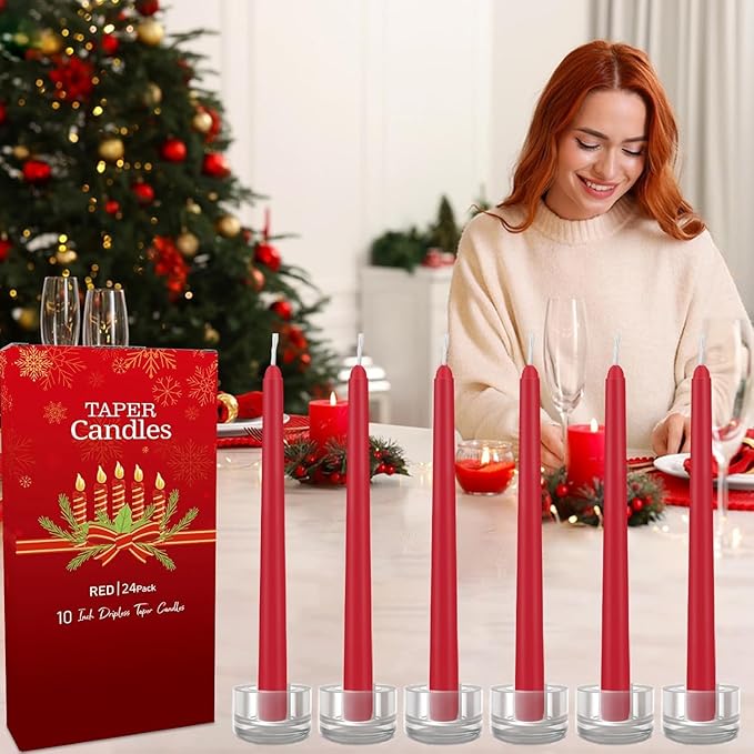 YOROXRG 24 Pack Red Taper Candles, 7-8 Hours Burn Time, Unscented, Smokeless and Dripless, 0.75 x 10 Inch Dinner Candle Set for Christmas,Household, Wedding, Party and Home Décor Candlesticks