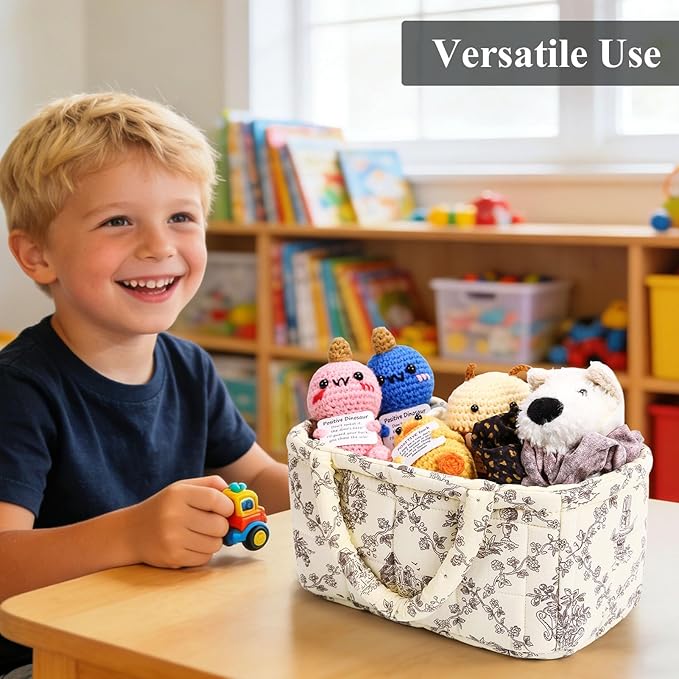 Small Storage Basket Organizer, Mini Fabric Floral Storage Baskets with Handle, Quilted Portable Collapsible Storage (Vine-Coffee)