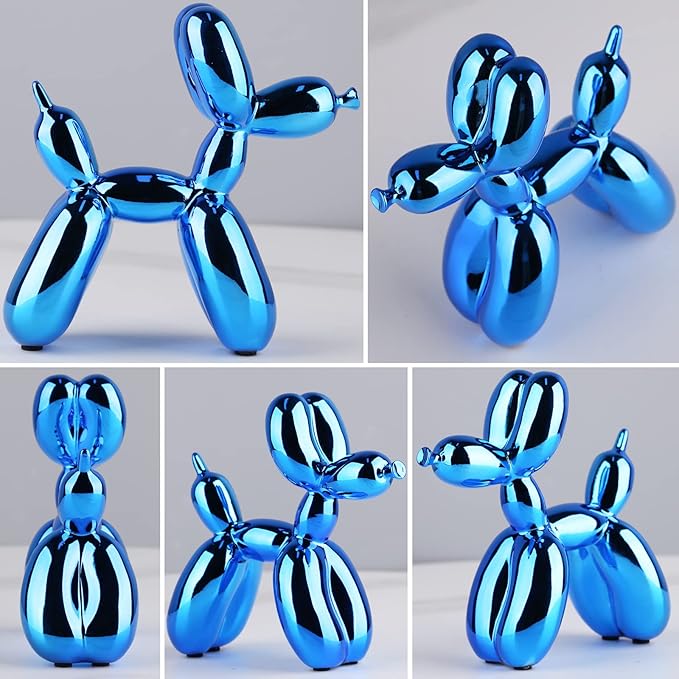 Blue Balloon Dog, Animal & Modern Sculpture, Preppy & Office Gold Decor, Small Figurines