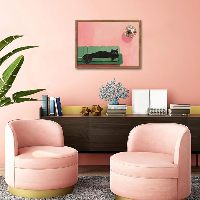 Funny Black Cat Wall Art, Cute Animal Wall Decor Painting, Eclectic Disco Ball Bar Cart Canvas Prints Artwork Pictures for Bedroom Living Room 16x24 inch Wood Framed
