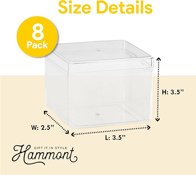 Hammont Small Acrylic Box - Party Favor Gift Boxes - Clear Cube with Rounded Edges for Gifts, Weddings, Treats, Candies & Accessories - Square Home Storage Boxes | 3.75”x3.75”x2.5 (8 Pack)