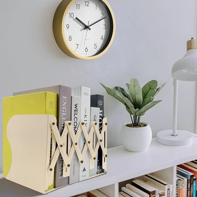 Adjustable Bookends Non Skid Decorative Bookends,Metal Bookend for Heavy Books,Bookshelf Organizer Holder for Books and Magazines for Desk(Beige)