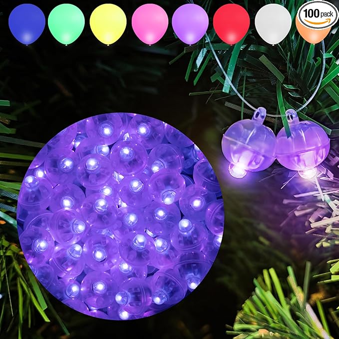 Aogist 100pcs Purple Mini Lights with Hook,Long Standby Time Waterproof LED Balloon Light,Battery Powered,Ball Lamp for Balloon Paper Lantern Birthday Party Christmas Halloween (Matching Tag Rope)