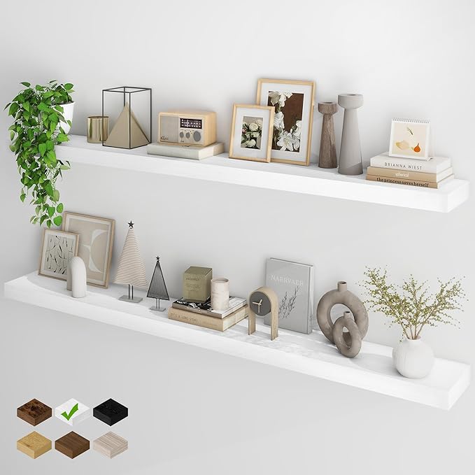 Fun Memories 66 Inch Fireplace Mantel - Long Floating Shelf, Wall Mounted Farmhouse Display with Invisible Heavy Duty Metal Bracket, White, 2 Pack