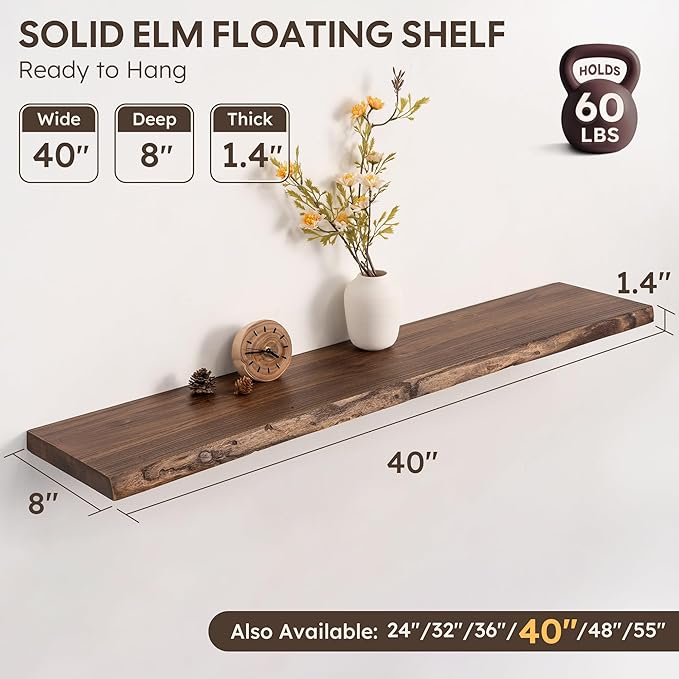 Live Edge Floating Shelf, 40 Inch Solid Elm Wood - Vintage Rustic Wood Wall Shelf with Invisible Brackets for Living Room, Kitchen, Bathroom