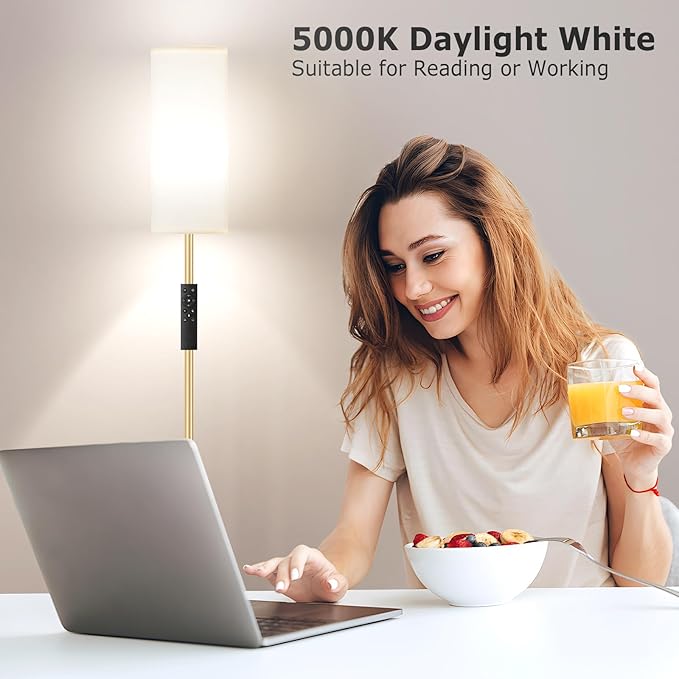 Ambimall 64'' Floor Lamps for Living Room with Remote Control and Stepless Dimmable Colors Temperature & Brightness, 9W Bulb Included(White Lampshade & Gold Pole)