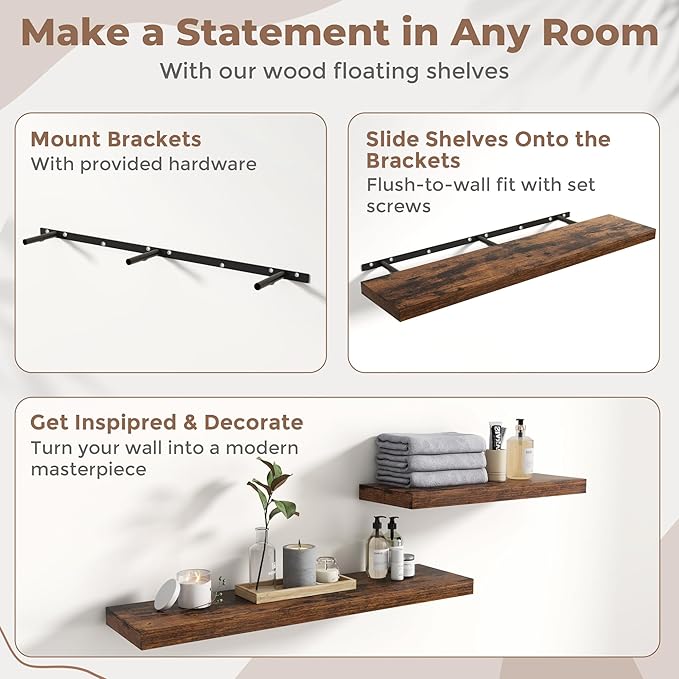 55 Inch Floating Shelves for Wall with Invisible Brackets Set of 2, 12"D Engineered Wood Wall Shelves with Wood Grain for Living Room, Bedroom, Bathroom, Kitchen Decor and Storage, Rustic Brown