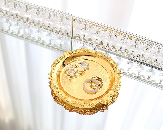 Round Storage Tray Necklace Tray Jewelry Holder Organizer Dessert Plate Fruit DishRing Dish Organizer Holder Home Decor Wedding Gift for Perfume Candle Holiday Party (Golden, Mini)