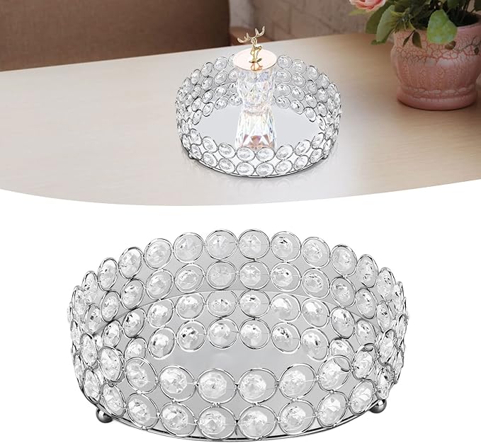 8 Inch Round Vanity Tray Mirrored Crystal Metal Display for Makeup Perfume Jewelry Organizer and Home Decor