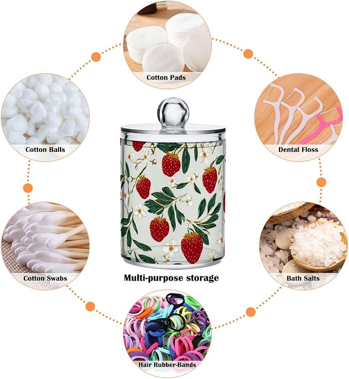 2 Pack Apothecary Jars Cheerful Strawberry Star Pattern Bathroom Vanity Storage Organizer Set,Small Clear Plastic Storage Jars Bathroom Canister for Cotton Swabs, Rounds, Balls, Qtips,Makeup Sp
