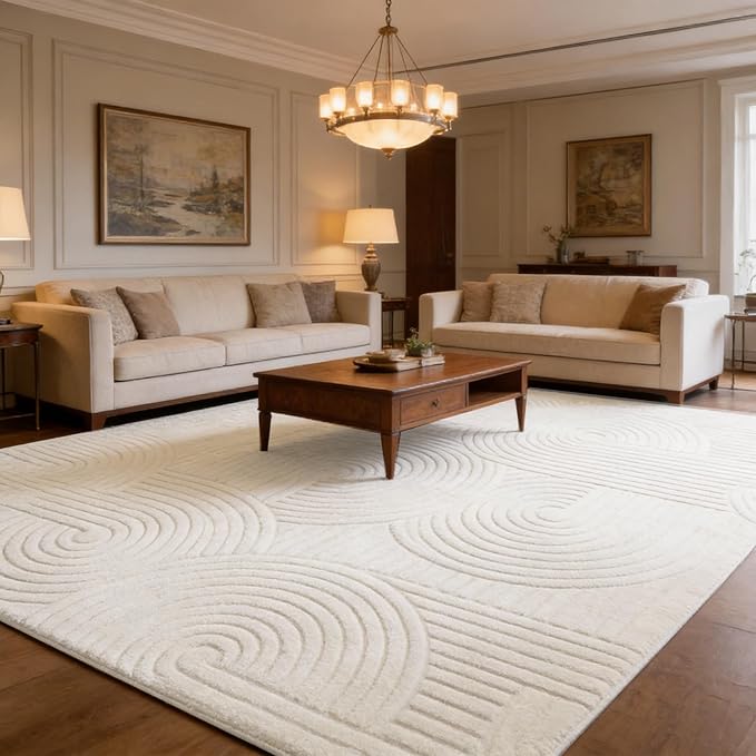 Beige 5x7 Solid Color Area Rugs – Washable Living Room Rug, Modern Geometric Non-Slip Indoor Carpet with Soft High-Low Pile, Fluffy Floor Rugs for Bedroom, Kids Room, Nursery, Home Décor