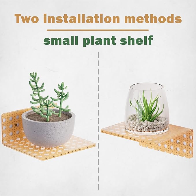 QsQueen Boho Acrylic Wall Shelves 2 Pack, Small Floating Shelf with Rattan Pattern, Clear Display Ledges for Funko Pop Figures, Plants, Perfume & Home Decor, Wall Mount for Bedroom, Living Room