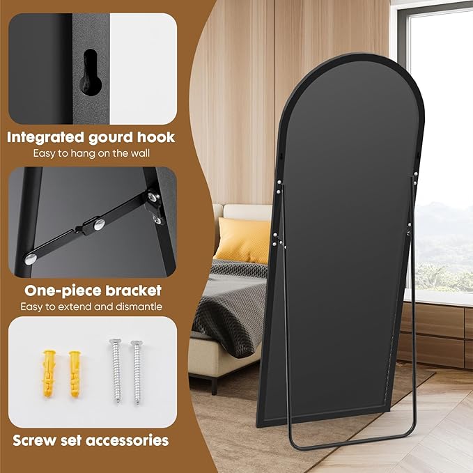 OLIXIS Arched Full Length Mirror 71.1"x25.5" for Bedroom, Full Body Mirror with Stand, Hanging or Leaning for Wall, Aluminum Alloy Thin Frame Floor Standing for Living Room, Long, Deep Black