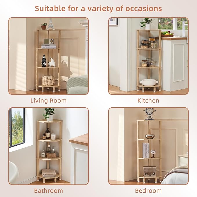 YUFAM 4-Tier Corner Shelf with Sturdy 5-Leg Base, 41in Tall Narrow Bookcase for Small Spaces, Wooden Plant Display Shelf, Thin Bookshelf for Living Room, Bedroom, Office, Natural