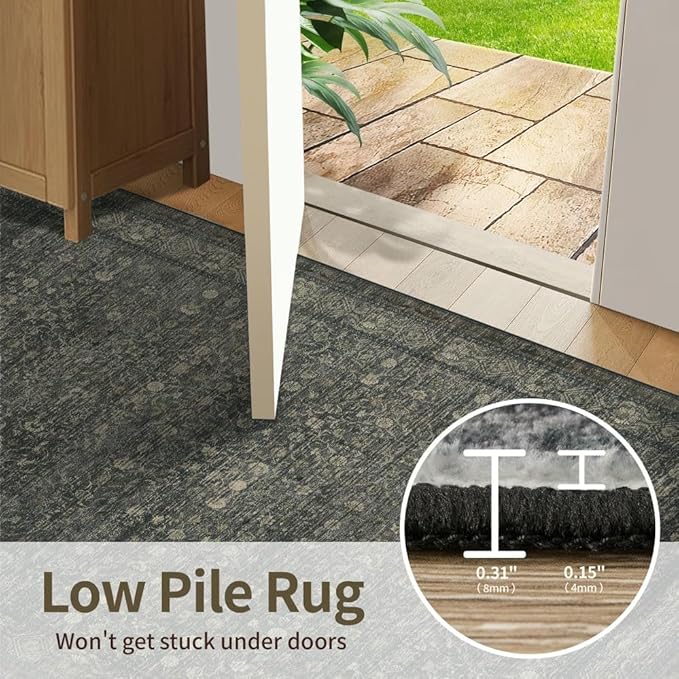 Rugxara 6x9 Washable Area Rug for Living Room, Vintage Large Boho Rugs for Office, Dining Room, Kids Room, Farmhouse, Durable Low Pile Non Slip Carpet for High Traffic Areas, Moss Brown