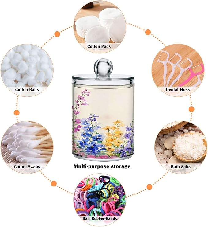 Nander 4Pack Beautiful Wildflowers Qtip Holder Dispenser -Clear Plastic Apothecary Jars Set - Restroom Bathroom Makeup Organizers Containers for Cotton Swab, Ball, Pads, Floss