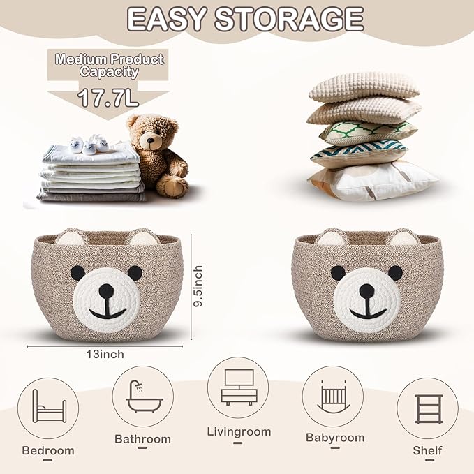 Zopeal Easter Bear Basket 13" D x 9.5" H for Nursery Cotton Rope Woven Bear Gift Empty Storage Basket with Handles Animal Hamper for Baby Shower Laundry Bathroom Home Decorative
