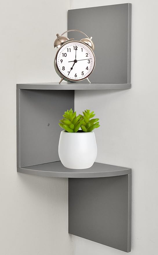 Greenco 2-Tier Corner Shelves, Gray Finish | Floating Wall-Mounted Home Decor Set | Corner Wall Shelf | Living Room, Bedroom, Bathroom, Office, House, Cubicle Accessories/Decorations/Storage/Organizer