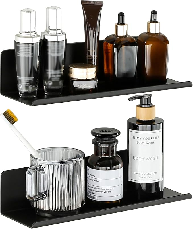SAYAYO Black Floating Shelves for Wall Storage, 12 Inch Screw or Self Adhesive Wall Shelves for Bedroom Decor, Small Display Bathroom Shelf Organizer for Kitchen, Living Room, Office, 2pcs