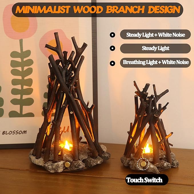 LED Night Light Wooden Campfire LED Dimmable Lamp with 3 Lighting Modes & Flame Sound, USB Powered Kids Nightlight & Desk Lamp for Bedroom, Office, and Relaxation, L