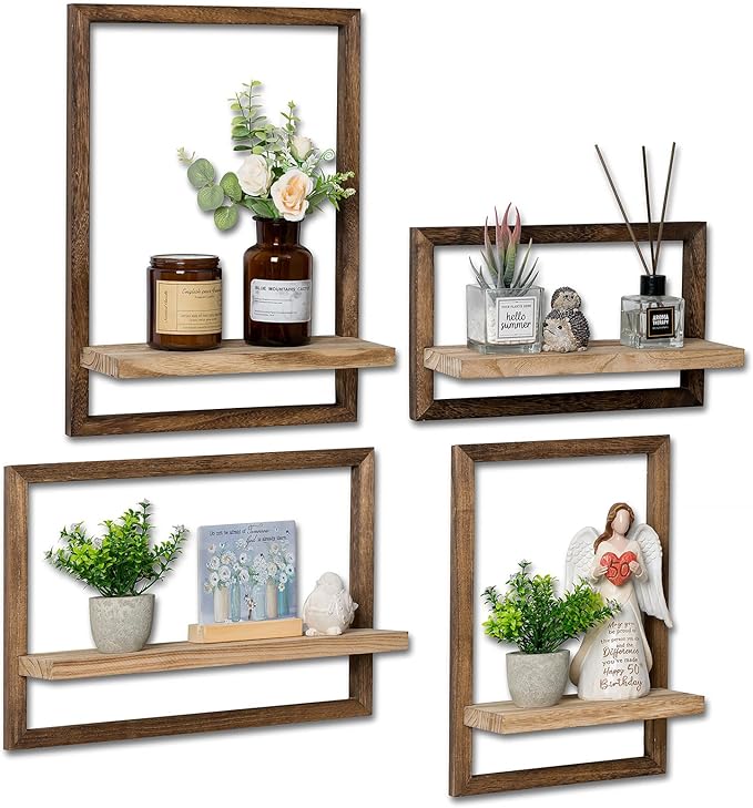 4-Piece Wood Wall Shelves for Bedroom Farmhouse - Rustic Floating Shelf Decorative Storage Shelving Wall Mounted Decor with Frame for Living Room