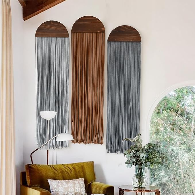 Macrame Wall Hanging 3Pcs Boho Wall Decor Handmade Macrame Art Fringe Design Wedding Macrame Backdrop Headboard Wall Decor 10" W x 40" L