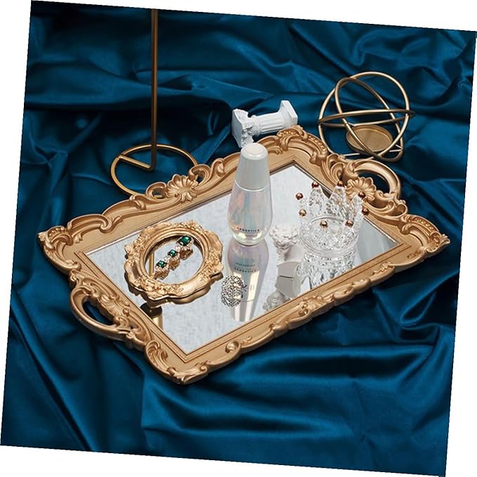 Golden Rectangular Retro Mirror Tray Cosmetic Storage Plate Perfume Organizer Decorative Makeup Vanity Display Tray for Home Décor and Photo Props