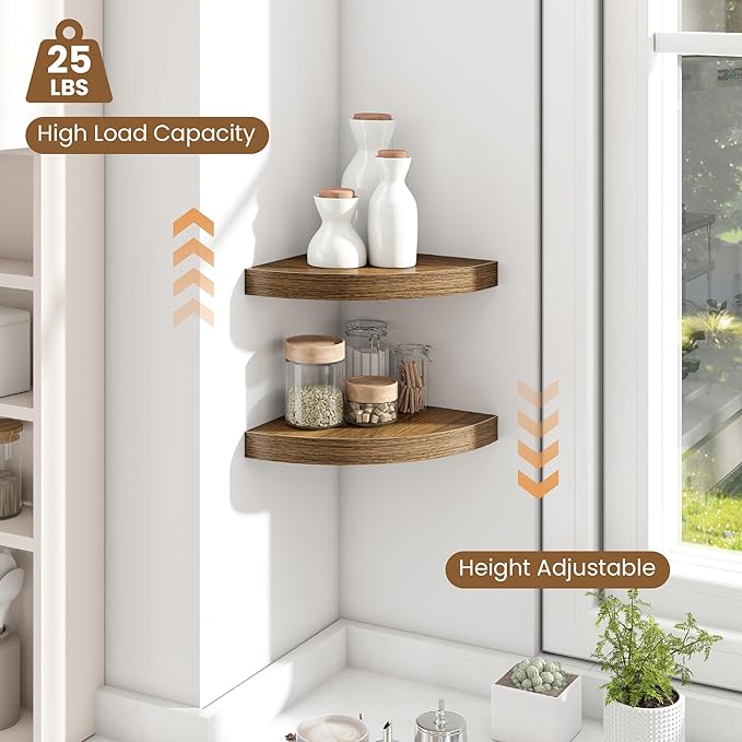 Fun Memories Floating Corner Shelves Set of 2 - Rustic Wood Wall Mounted Storage and Display Shelves for Living Room, Bedroom, Kitchen, Bathroom - Space Saving Home Decor, Walnut