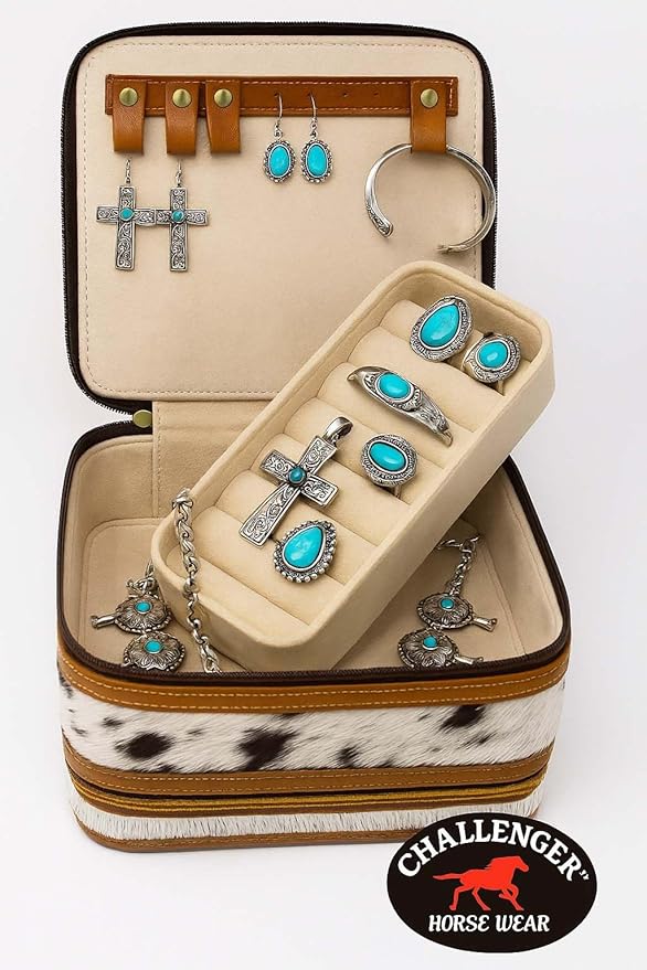 CHALLENGER Women's Western Handcrafted Deluxe Floral Tooled Cowhide Dual Jewelry Cosmetic Organizer Travel Case Box 18RSJ06