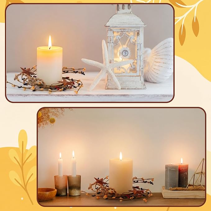 Daifunli 2 Pcs Primitive Pip Berry Candle Ring Rusty Stars Candle Wreath Ring for Pillar 3.9 Inch Candles Holder for Wedding Season Dining Table Centerpiece Decor