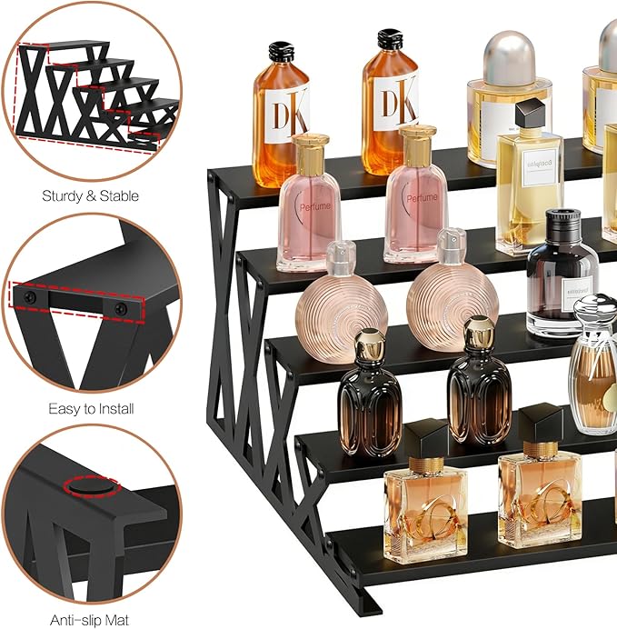 KALYLOC 5 Tier Wooden Display Riser Stand 13.8 Inch Metal Step Perfume Stand Organizer Tabletop Tiered Display Shelf Rack for Cologne Cupcake Spice Figures Cosmetics Candles (Black, X-Shape)