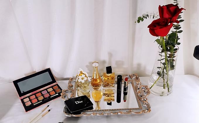 Shell Rectangle Decorative Mirror Tray, French Style, Makeup Organizer, Jewelry Organizer, Serving Tray, 9.3"x 14.9", Golden Silver