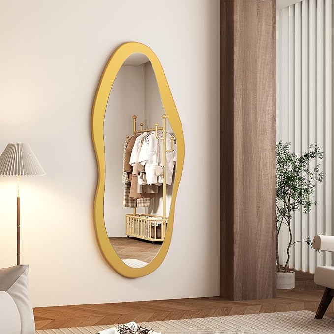 AAZZKANG Gold Irregular Full Length Mirror with Wood Framed Large 47"x20" Asymmetrical Full Body Mirrors for Bedroom Living Room Entryway