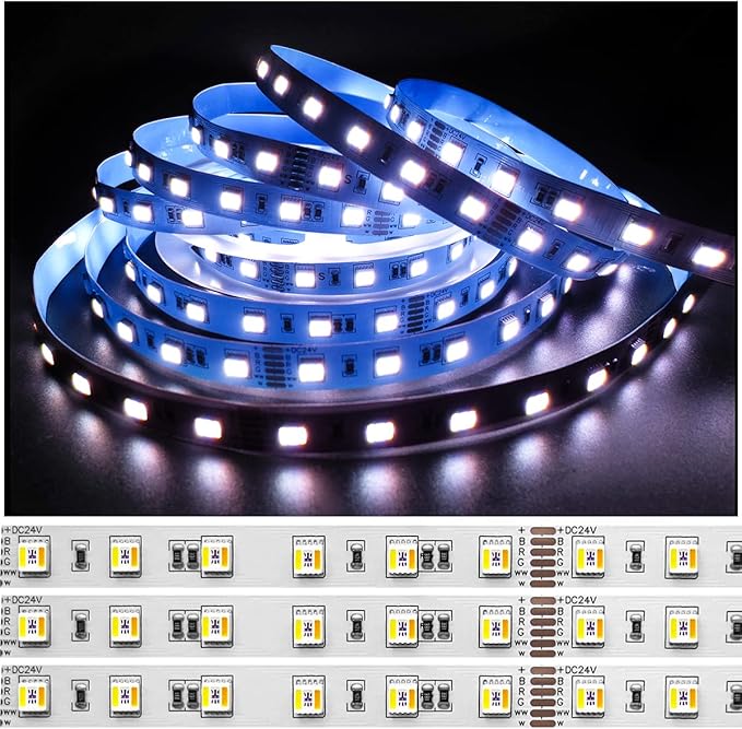 24V 5 in 1 LED Strip Lights RGB + CCT, RGB + White + Warm White (2800K to 6500K) RGBCW 5M Mixed Colour Adjustable Light Strips IP20 300 LEDs for Bedroom, Kitchen, Advertising Decoration