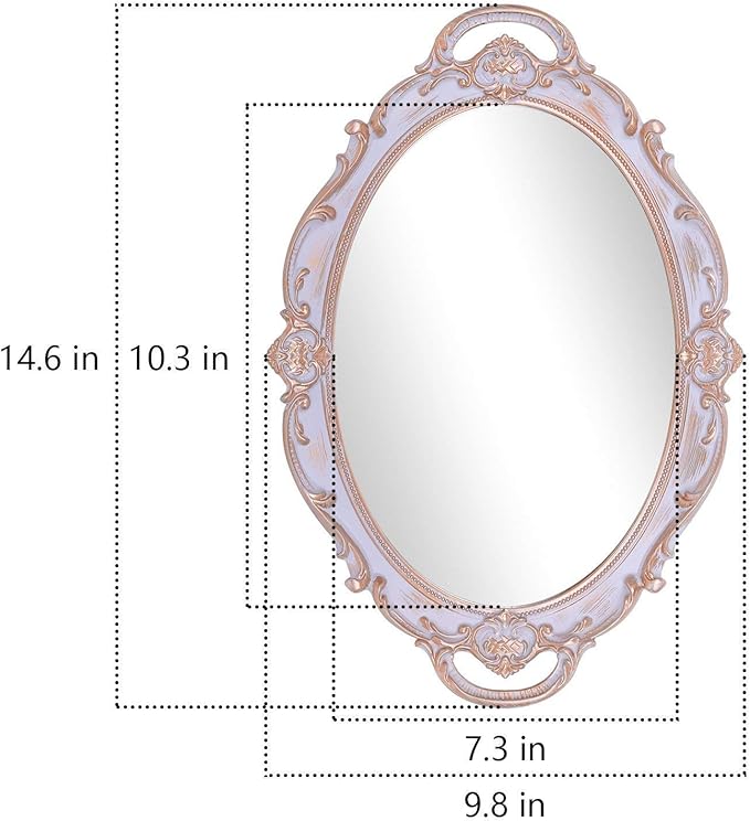 Zosenley Polyresin Ellipse Antique Decorative Mirror Tray, Makeup Organizer, Jewelry Organizer, Serving Tray, 9.8”x 14.6”, Golden Gray