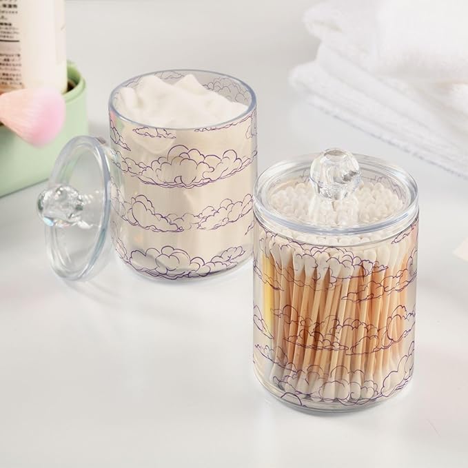 2 Pack Apothecary Jars Watercolore Purple Cloud Shape Bathroom Vanity Storage Organizer Set,Small Clear Plastic Storage Jars Bathroom Canister for Cotton Swabs, Rounds, Balls, Qtips,Makeup Spon
