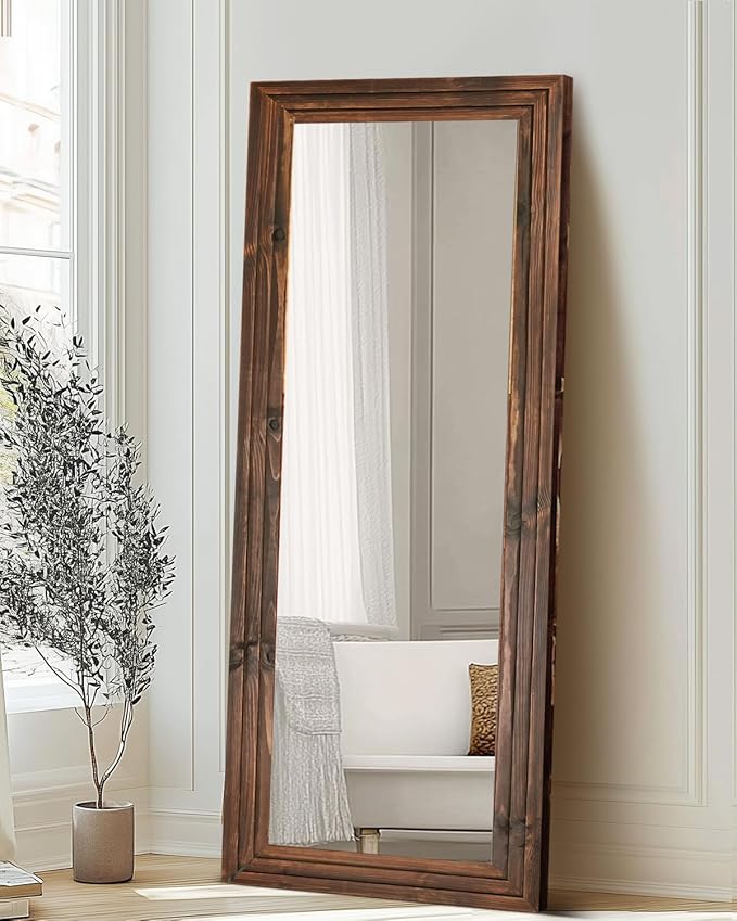 Full Length Mirror 65"x24" Solid Wood Frame Floor Large Mirror for Living Room, Bedroom Hanging or Leaning Wall-Mounted, Brown
