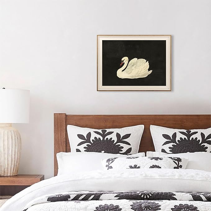 ASTRDECOR Vintage Framed Wall Art for Living Room, Vintage Swan Canvas Oil Painting for Bathroom Wall Decor, Classical Animal Framed Art for Home Decor Aesthetic, Zwaan Black and White Wall Art Prints for Bedroom Decor-12''x16''