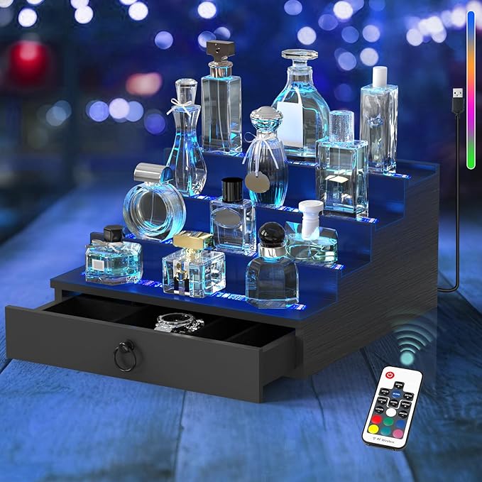 LED Lighted Cologne Organizer for Men, 4 Tier Wood Perfume Organizer with Velvet Lined Drawer, Multi Lighting Modes Perfume Display Holder with Remote Control, Cologne Shelf Stand, Nice Gift for Men