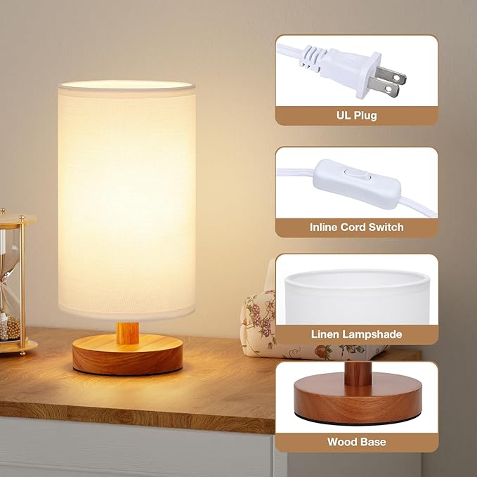 Fenmzee Small Table Lamp for Bedroom - Inline Control, Bedside Lamp with 3000K A15 LED Blub, Easy Assembly (White Shade - Walnut Base, 9" Inline Control)