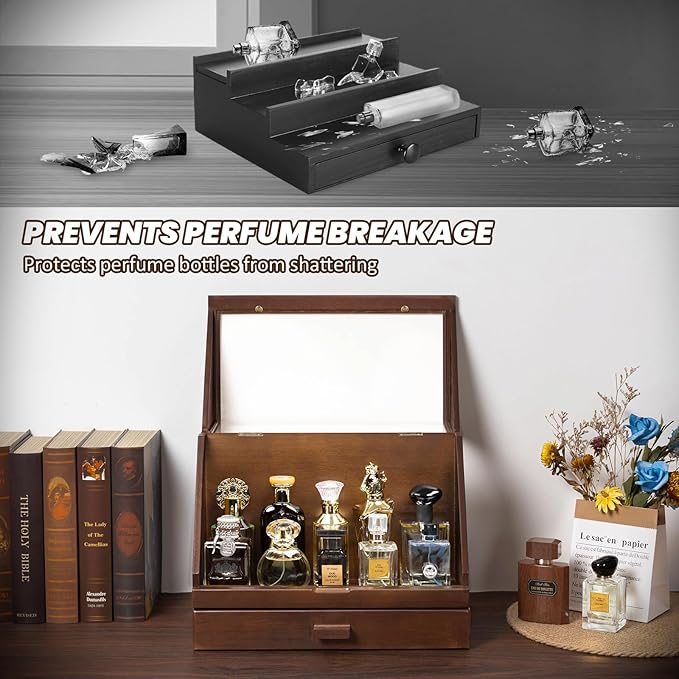 Miratino Cologne Organizer for Men, Wood Cologne Stand with Drawer, Large Capacity Cologne Shelf with Cologne Holder Display Large Storage Size15.6 * 11.8 * 6.1in