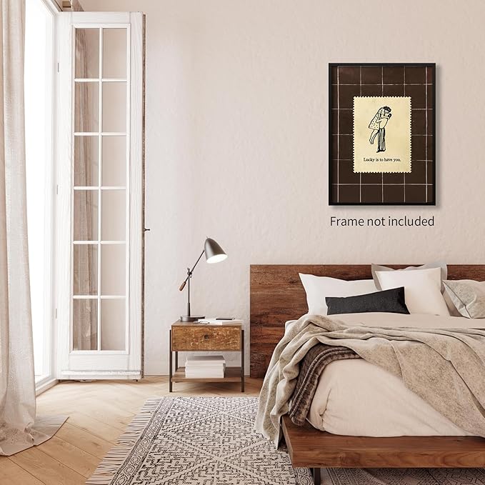WIUHIO Brown Mid-Century Couples Wall Art Valentine Quotes Lucky Is to Have You Poster Vintage Romantic Anniversary Canvas Prints Modern Love Wall Decor for Bed Living Room 12X16 inch Unframed
