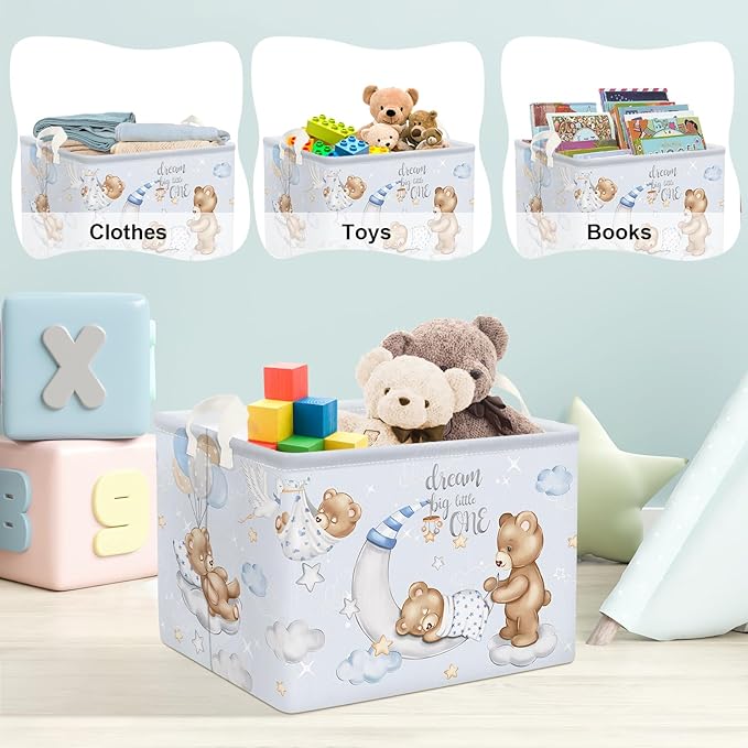 Clastyle Sleeping Bear Balloons Boy Shelf Basket Clouds Stars Moon Baby Shower Basket for Kids Room Blue Rectangle Clothes Toys Cube Storage Basket