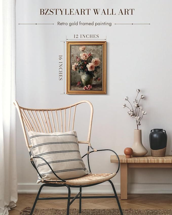 Bzstyleart Vintage Wall Art Decor for Living Room, Gold Framed Canvas Wall Art for Office, Flower Painting Framed Artwork, Canvas Print Painting for Bedroom Bathroom, Magnolia Flower 12L x 16W